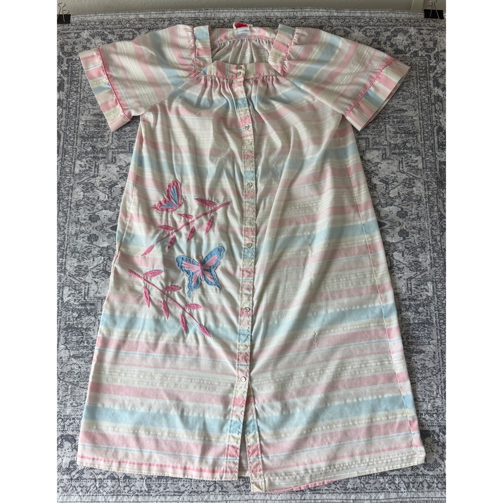 Vintage Smart Time Housecoat Robe Grannycore Stripe Button Cottagecore Large